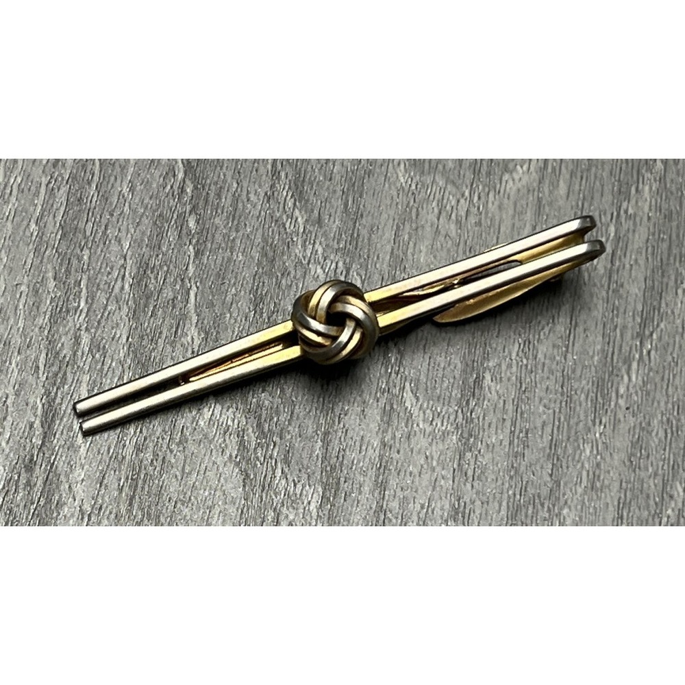 Vintage HICKOK USA Gold/Silver Tone Tie Clip Bar with Two-Tone Knot Accent